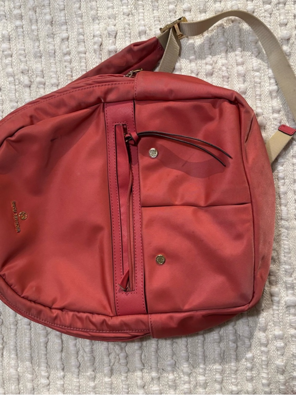 Michael Kors Coral Nylon Backpack with Cream Strap and Gold Hardware